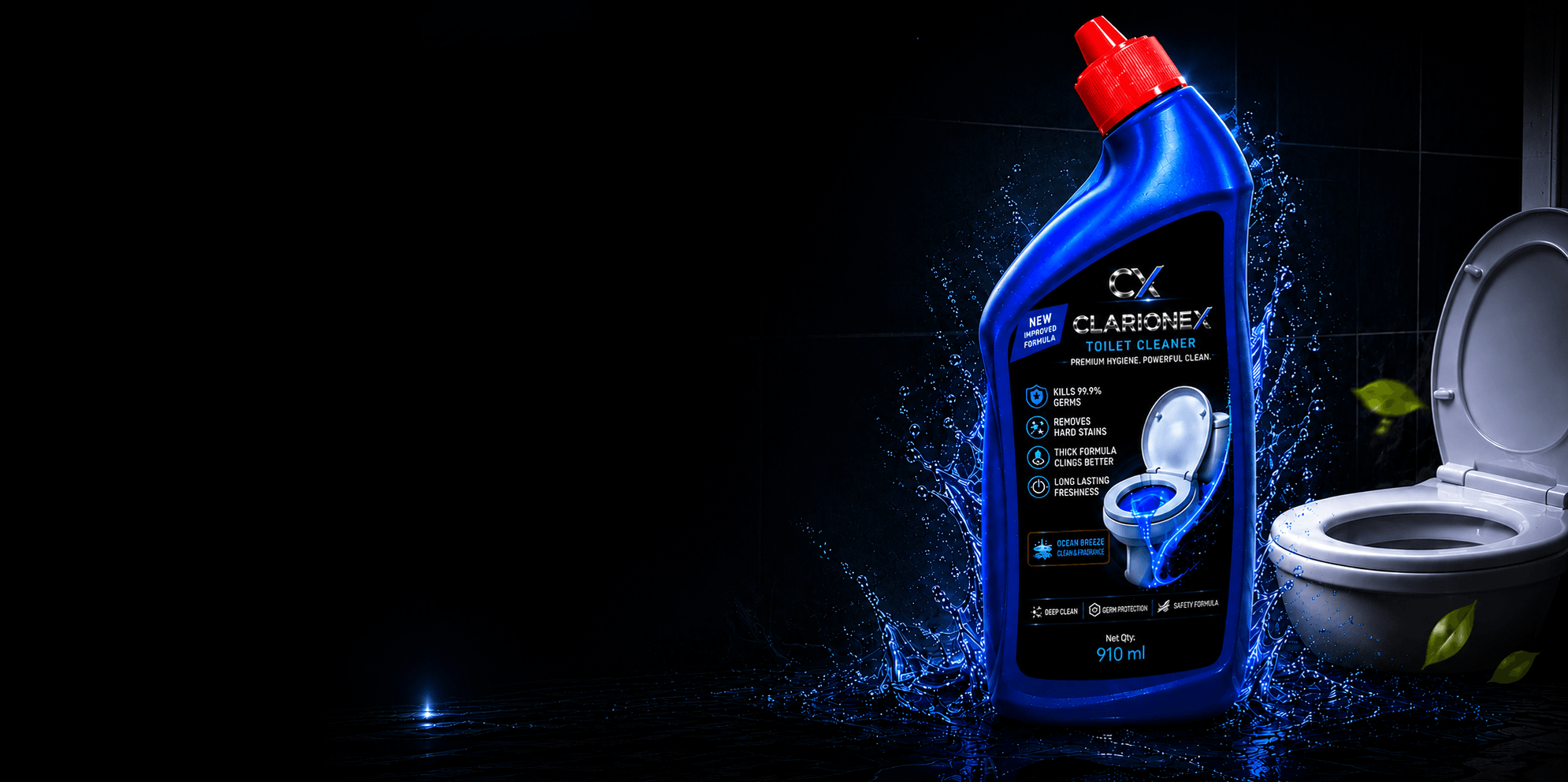 Clarionex Premium Toilet Cleaner bottle with water splash
